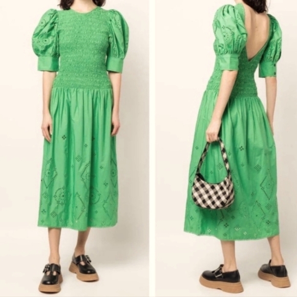Ganni Backless Shereed Broderie Anglese Kelly Green Smocked Eyelet Midi Dress - Picture 6 of 13
